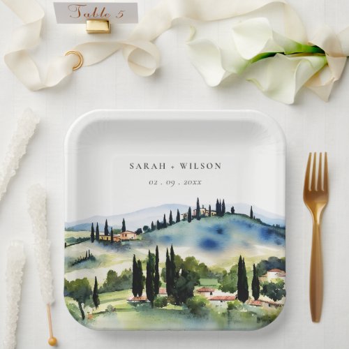 Elegant Tuscany Italy Watercolor Landscape Wedding Paper Plates