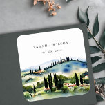 Elegant Tuscany Italy Watercolor Landscape Wedding Square Paper Coaster at Zazzle