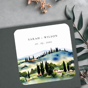 Elegant Tuscany Italy Watercolor Landscape Wedding Square Paper Coaster