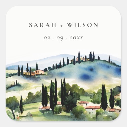 Elegant Tuscany Italy Watercolor Landscape Wedding Square Sticker