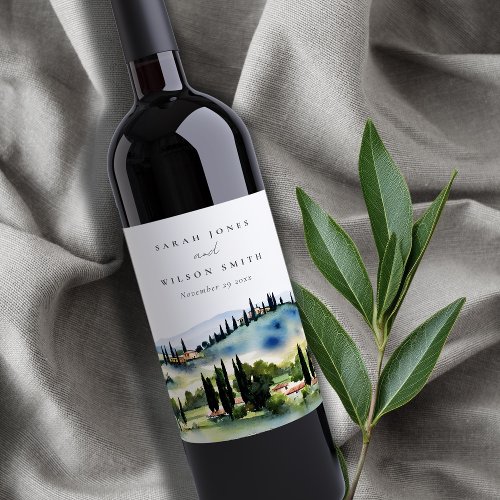 Elegant Tuscany Italy Watercolor Landscape Wedding Wine Label