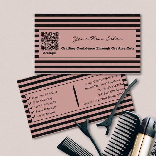Elegant Tuscany Pink and Black Striped Hair Salon Business Card