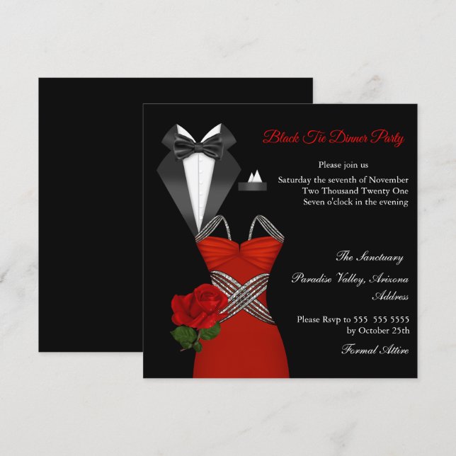 Elegant Tux Red Rose Black Tie Dress Dinner Party Invitation (Front/Back)