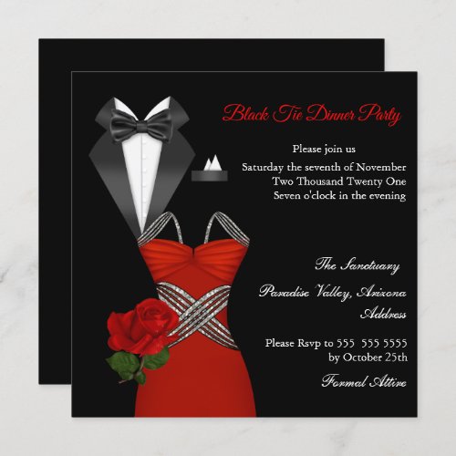 Elegant Tux Red Rose Black Tie Dress Dinner Party Invitation