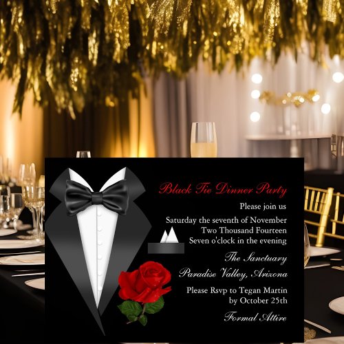 Elegant Tux  Rose Black Tie Dinner Party Invite