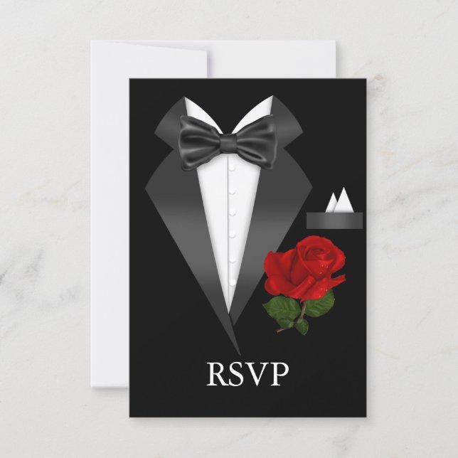 Elegant Tux & Rose Black Tie Party RSVP (Front)