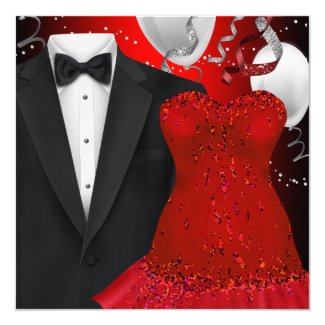 Elegant Tuxedo and Red Dress Holiday Party Card