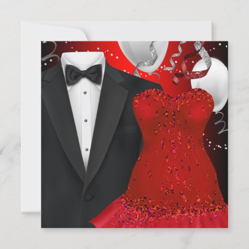 Elegant Tuxedo and Red Dress Holiday Party Invitation