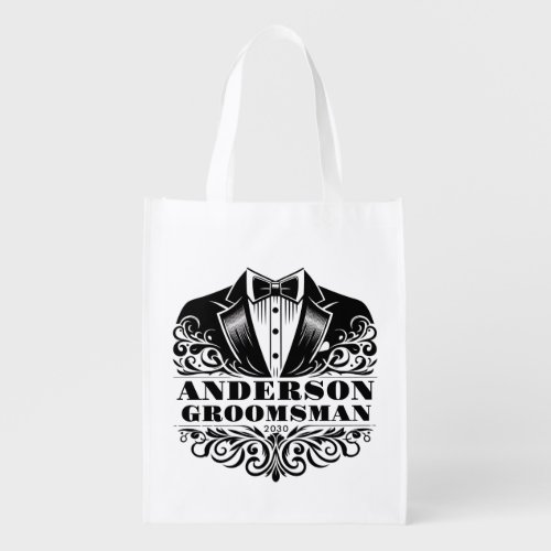 Elegant Tuxedo Bowtie GroomsmanBirthday Grocery Bag