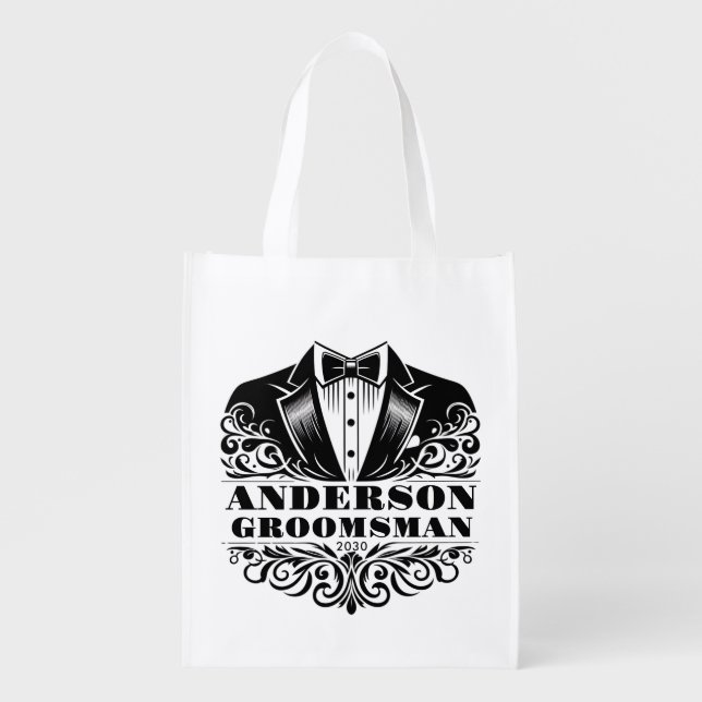 Elegant Tuxedo Bowtie Groomsman/Birthday Grocery Bag (Front)