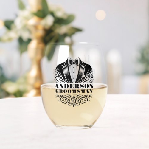 Elegant Tuxedo Bowtie GroomsmanBirthday Stemless Wine Glass