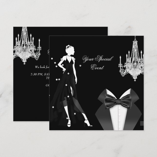 Elegant Tuxedo Gown Silver White Black Party Invitation (Front/Back)