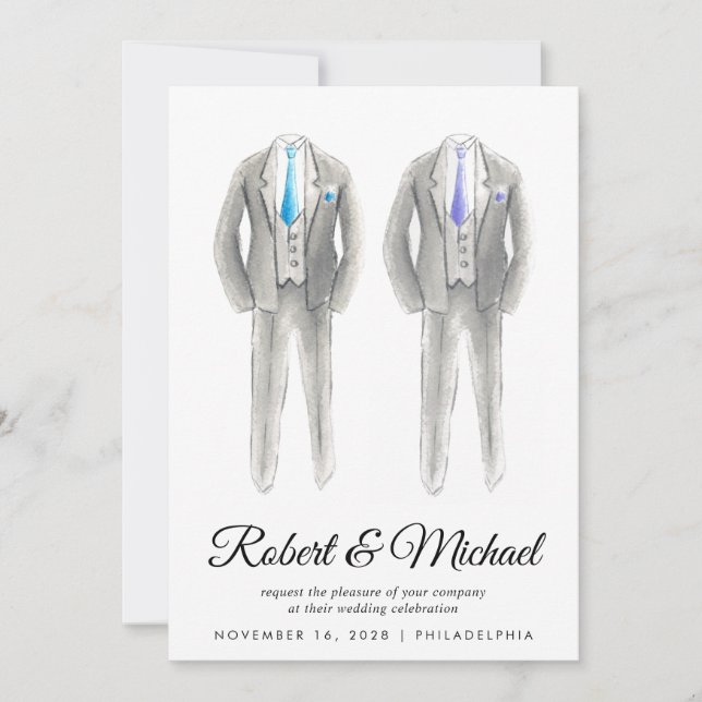Elegant Tuxedo Watercolors Gay Wedding Invitation (Front)