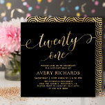 Elegant Twenty One Gold Script Black 21st Birthday Invitation<br><div class="desc">Elegant Chic Black and Gold Twenty One Script 21st Birthday Invitation. This modern birthday party invitation template features stylish „twenty one” text in huge faux gold foil swirly handwritten calligraphy (or typography) script with swash tails, party details in gold color on black background. At the reverse side faux gold foil...</div>