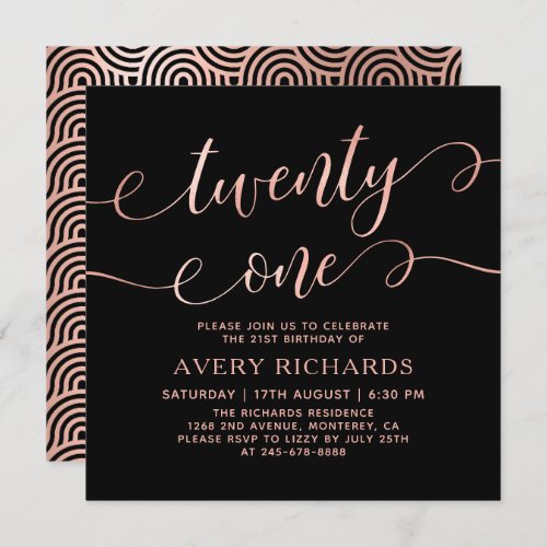 Elegant Twenty One Rose Gold Script 21st Birthday Invitation