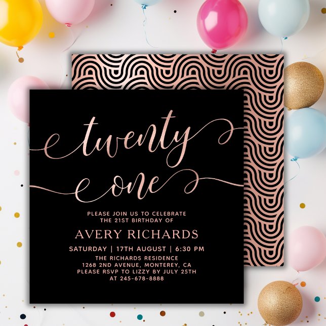 Elegant Twenty One Rose Gold Script 21st Birthday Invitation (Creator Uploaded)