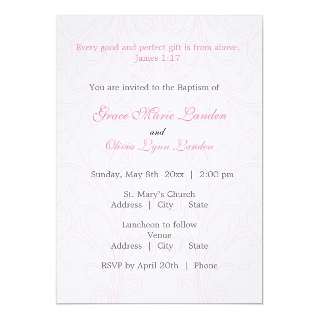 Elegant Twin Baby Girl Baptism Invitation