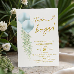 Elegant Twin Boys Blue Balloon Greenery Invitation
