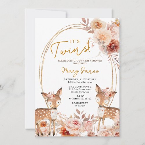 Elegant Twin Deer Ivory Beige Flower Baby Shower Invitation