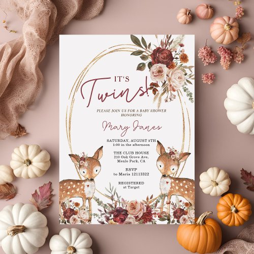 Elegant Twin Deer Marsala Flower Baby Shower Invitation