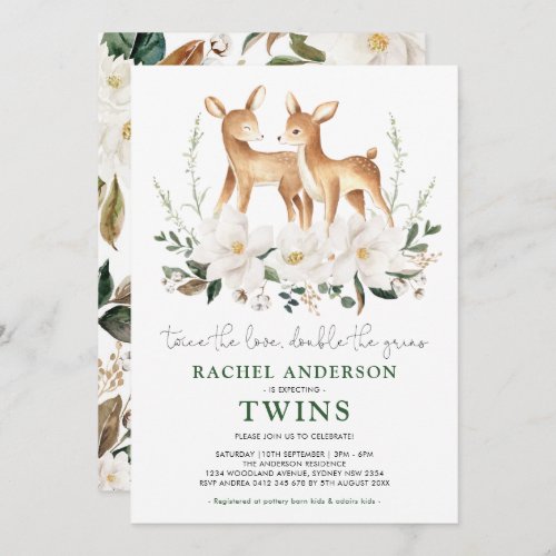 Elegant Twin Deer White Flower Baby Shower Invitation