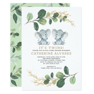 Elegant Twin Elephant Soft Greenery Baby Shower Invitation