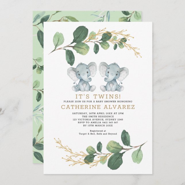 Elegant Twin Elephant Soft Greenery Baby Shower Invitation (Front/Back)