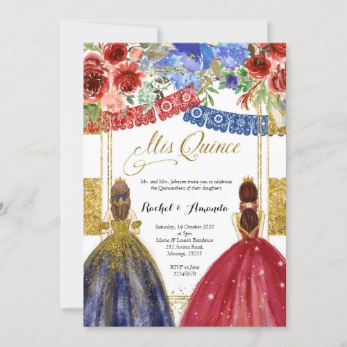 Elegant Twin Quinceaera Invitation Floral Gold