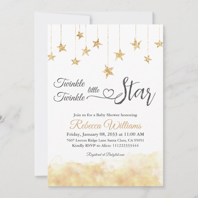 Elegant Twinkle Little Star Gold Cloud Baby Shower Invitation (Front)