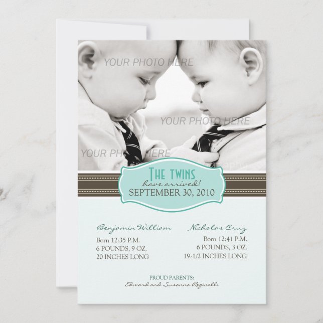 Elegant Twins Birth Announcement: Aqua Blue Announcement (Front)