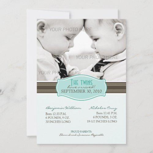 Elegant Twins Birth Announcement: Aqua Blue Announcement