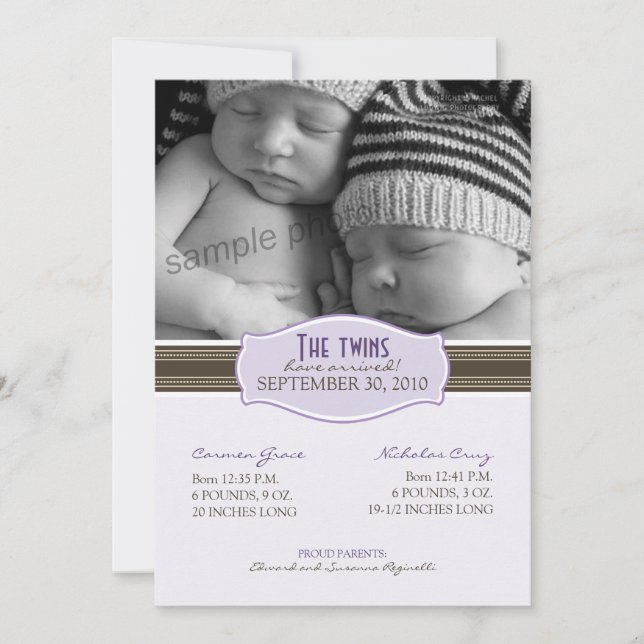 Elegant Twins Birth Announcement: Lavender Announcement (Front)