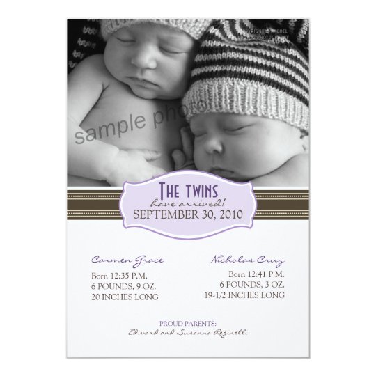 Elegant Twins Birth Announcement: Lavender Card