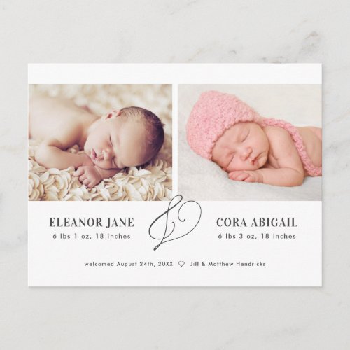 Elegant Twins Birth Announcement Postcard