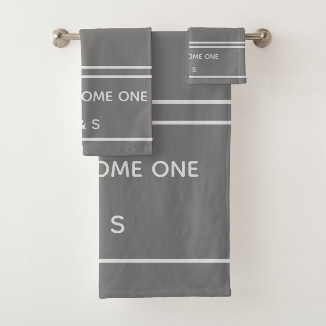 Elegant Two Become One Gray and White Monogram Bath Towel Set (Insitu)