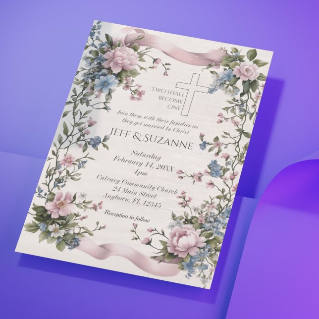 Elegant Two Become One Pink Ribbon Floral Cross Vellum Invitations (Elegant Two Become One Pink Ribbon Floral Cross Vellum Invitations)