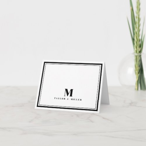 Elegant Two Border Monogram Chic Black White Note Card