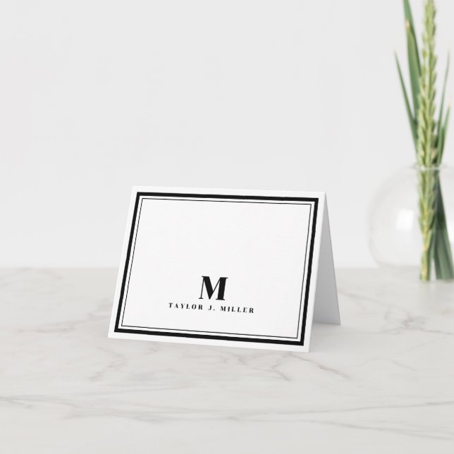 Elegant Two Border Monogram Chic Black White Note Card (Front)