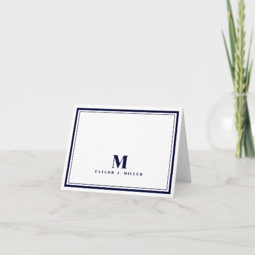 Elegant Two Border Monogram Chic Navy Blue Note Card