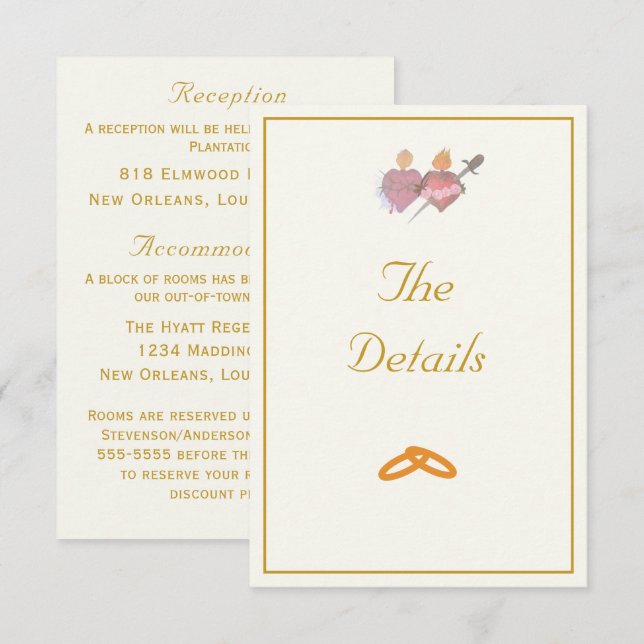 Elegant Two Hearts Catholic Wedding  Enclosure Card (Front/Back)