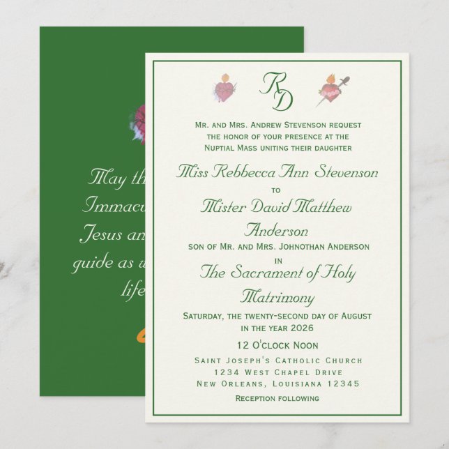 Elegant Two Hearts Catholic Wedding Invitation (Front/Back)