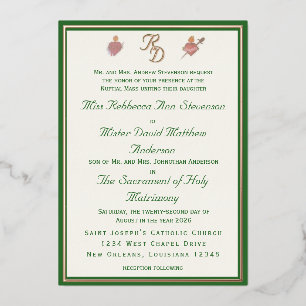 Elegant Two Hearts Catholic Wedding Invitation Foil Invitation