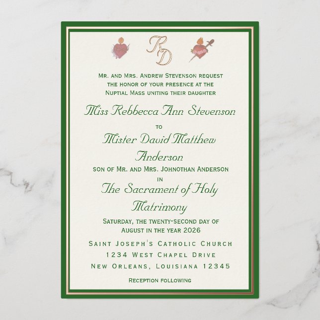 Elegant Two Hearts Catholic Wedding Invitation Foil Invitation (Front)