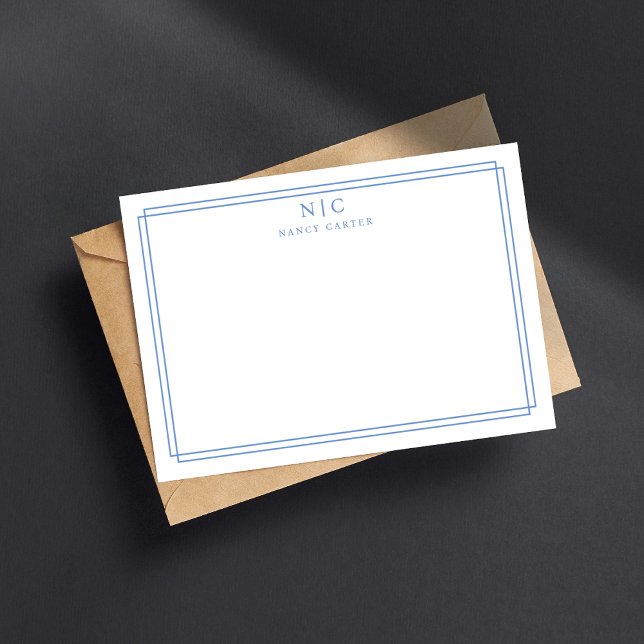 Elegant Two Monogram Light Blue Geometric Border  Note Card (Creator Uploaded)