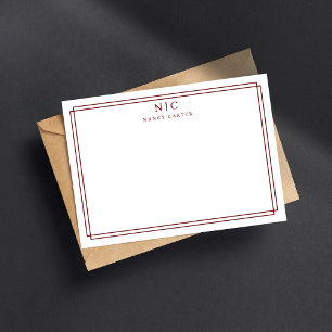 Elegant Two Monogram Maroon Red Geometric Border Note Card