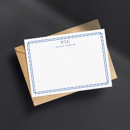 Elegant Two Monogram Navy Blue Geometric Border  Note Card