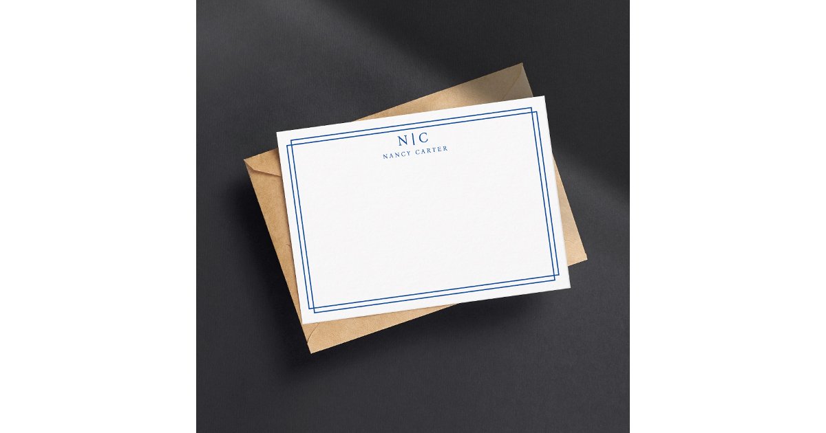 Elegant Two Monogram Navy Blue Geometric Border Note Card | Zazzle