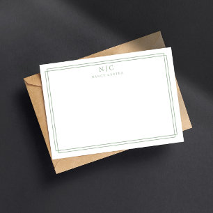 Elegant Two Monogram Sage Green Geometric Border Note Card