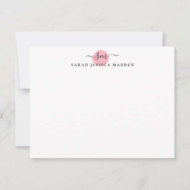 Elegant Two Monogram Script Swash Blush Pink Dot Note Card (Front)