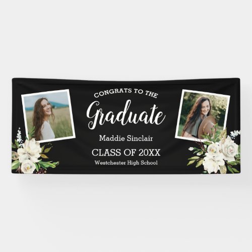 Elegant Two Photo Floral Graduation Black Banner